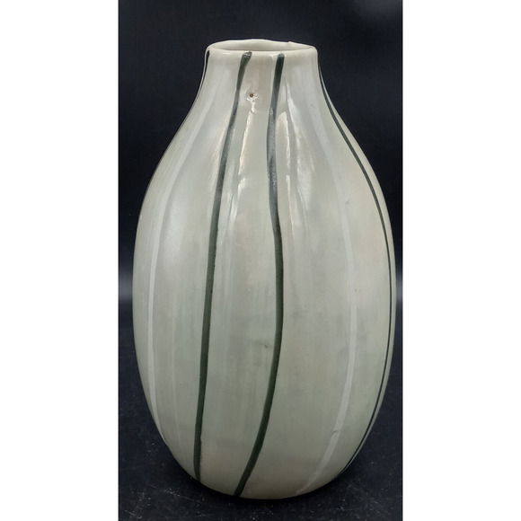Pretty Lt Sage Green Iridescent Small Vase with Green & White Vertical Lines 5" - Picture 3 of 8